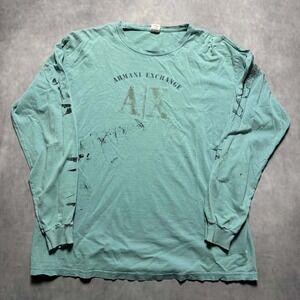 Armani Exchange Long Sleeve Tee Mens XL Teal Fair Distressed Grunge Graphic